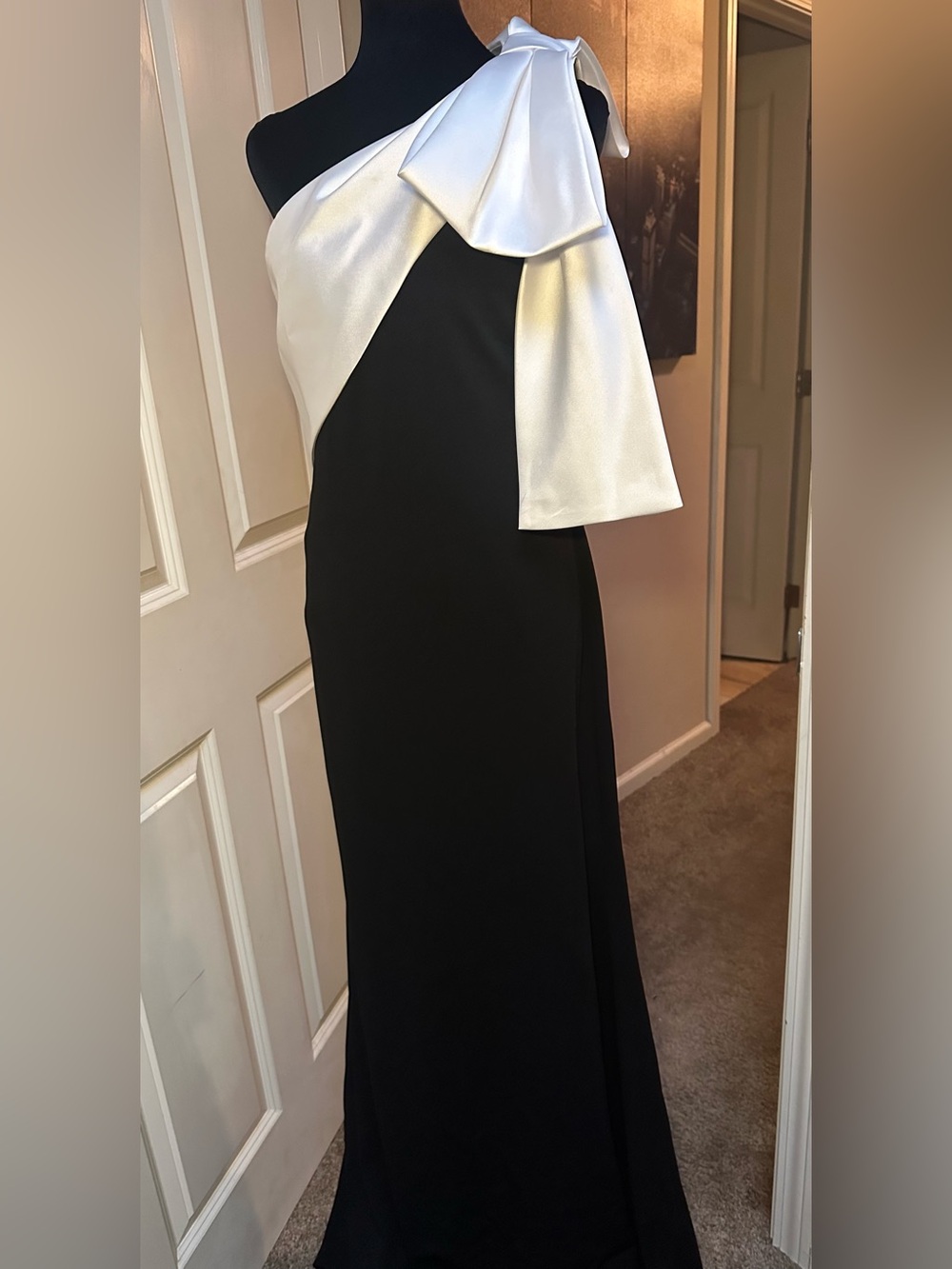 Betsy & Adam Black One-Shoulder Gown with White Bow Accent - Picture 5 of 16